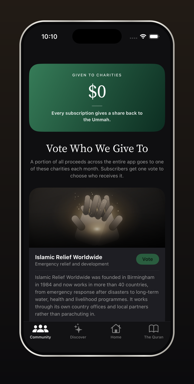 The Community tab showing the giving total and a charity the community can vote for.